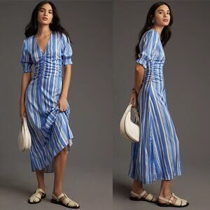 NEW Baum und Pferdgarten Amma Ruched Half Sleeve Striped Midi Dress Blue Size: 4